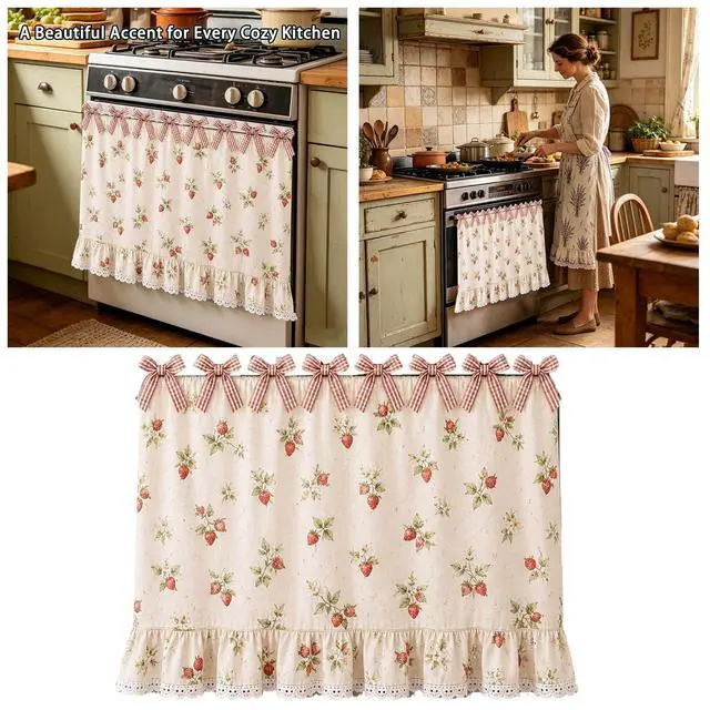 Alt view image 5 of 6 - Farmhouse Oven Skirt Curtain for Kitchen Decor, Cotton Blend Oven Curtain with Lace Ruffle Trim & 8 Ribbon Ties, Rustic Kitchen Stove Door Covers with Floral Print for Home Decor (Strawberry)