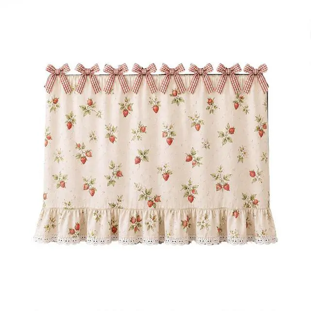 Alt view image 6 of 6 - Farmhouse Oven Skirt Curtain for Kitchen Decor, Cotton Blend Oven Curtain with Lace Ruffle Trim & 8 Ribbon Ties, Rustic Kitchen Stove Door Covers with Floral Print for Home Decor (Strawberry)