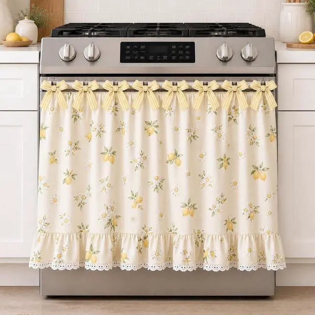 Main image of Farmhouse Oven Skirt Curtain for Kitchen Decor, Cotton Blend Oven Curtain with Lace Ruffle Trim & 8 Ribbon Ties, Rustic Kitchen Stove Door Covers with Floral Print for Home Decor (Lemon Daisy)