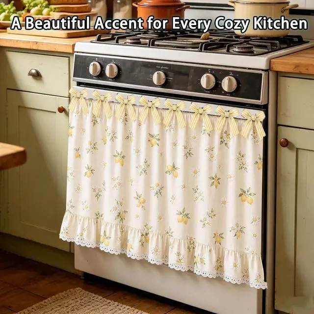 Alt view image 3 of 6 - Farmhouse Oven Skirt Curtain for Kitchen Decor, Cotton Blend Oven Curtain with Lace Ruffle Trim & 8 Ribbon Ties, Rustic Kitchen Stove Door Covers with Floral Print for Home Decor (Lemon Daisy)