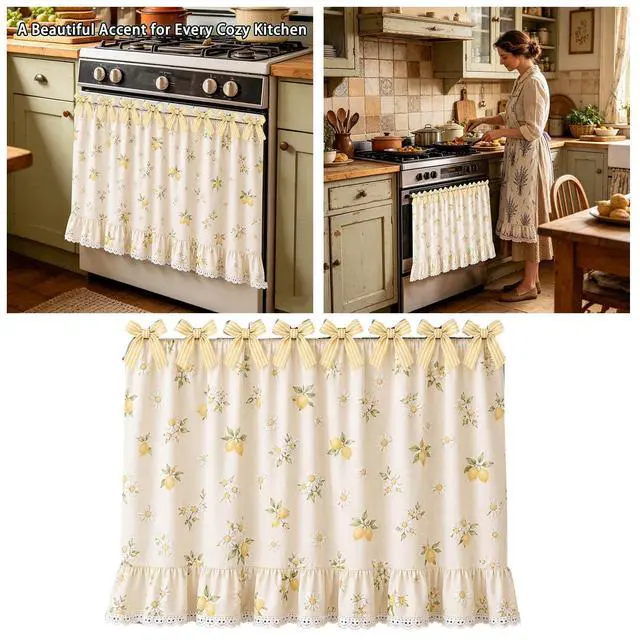 Alt view image 5 of 6 - Farmhouse Oven Skirt Curtain for Kitchen Decor, Cotton Blend Oven Curtain with Lace Ruffle Trim & 8 Ribbon Ties, Rustic Kitchen Stove Door Covers with Floral Print for Home Decor (Lemon Daisy)