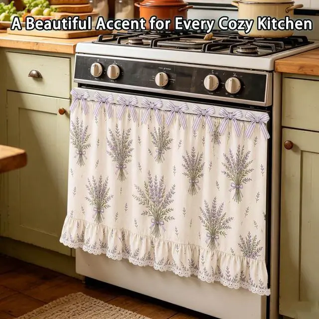 Alt view image 3 of 6 - Farmhouse Oven Skirt Curtain for Kitchen Decor, Cotton Blend Oven Curtain with Lace Ruffle Trim & 8 Ribbon Ties, Rustic Kitchen Stove Door Covers with Floral Print for Home Decor (Lavender Bouquet)