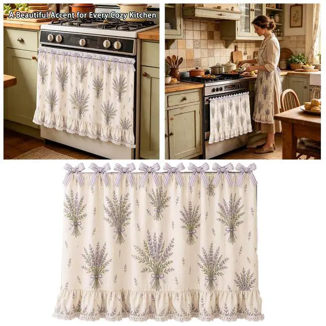 Alt view image 5 of 6 - Farmhouse Oven Skirt Curtain for Kitchen Decor, Cotton Blend Oven Curtain with Lace Ruffle Trim & 8 Ribbon Ties, Rustic Kitchen Stove Door Covers with Floral Print for Home Decor (Lavender Bouquet)