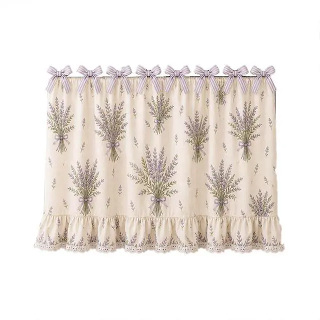 Alt view image 6 of 6 - Farmhouse Oven Skirt Curtain for Kitchen Decor, Cotton Blend Oven Curtain with Lace Ruffle Trim & 8 Ribbon Ties, Rustic Kitchen Stove Door Covers with Floral Print for Home Decor (Lavender Bouquet)