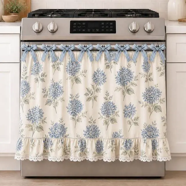 Main image of Farmhouse Oven Skirt Curtain for Kitchen Decor, Cotton Blend Oven Curtain with Lace Ruffle Trim & 8 Ribbon Ties, Rustic Kitchen Stove Door Covers with Floral Print for Home Decor (Blue Hydrangea)