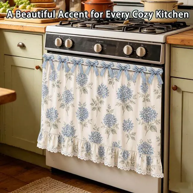 Alt view image 3 of 6 - Farmhouse Oven Skirt Curtain for Kitchen Decor, Cotton Blend Oven Curtain with Lace Ruffle Trim & 8 Ribbon Ties, Rustic Kitchen Stove Door Covers with Floral Print for Home Decor (Blue Hydrangea)