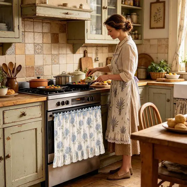 Alt view image 4 of 6 - Farmhouse Oven Skirt Curtain for Kitchen Decor, Cotton Blend Oven Curtain with Lace Ruffle Trim & 8 Ribbon Ties, Rustic Kitchen Stove Door Covers with Floral Print for Home Decor (Blue Hydrangea)