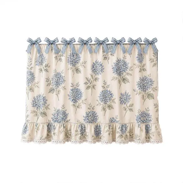 Alt view image 6 of 6 - Farmhouse Oven Skirt Curtain for Kitchen Decor, Cotton Blend Oven Curtain with Lace Ruffle Trim & 8 Ribbon Ties, Rustic Kitchen Stove Door Covers with Floral Print for Home Decor (Blue Hydrangea)