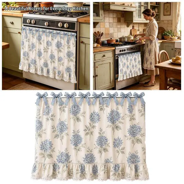 Alt view image 5 of 6 - Farmhouse Oven Skirt Curtain for Kitchen Decor, Cotton Blend Oven Curtain with Lace Ruffle Trim & 8 Ribbon Ties, Rustic Kitchen Stove Door Covers with Floral Print for Home Decor (Blue Hydrangea)