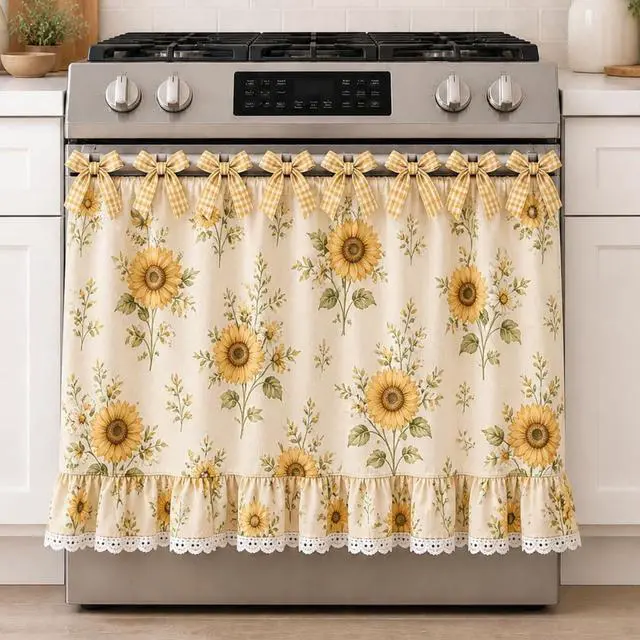 Main image of Farmhouse Oven Skirt Curtain for Kitchen Decor, Cotton Blend Oven Curtain with Lace Ruffle Trim & 8 Ribbon Ties, Rustic Kitchen Stove Door Covers with Floral Print for Home Decor (Sunflower)