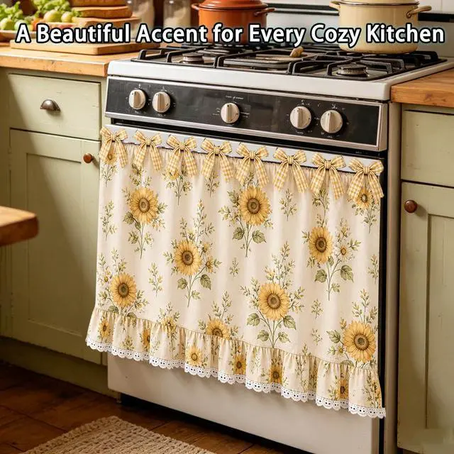 Alt view image 3 of 6 - Farmhouse Oven Skirt Curtain for Kitchen Decor, Cotton Blend Oven Curtain with Lace Ruffle Trim & 8 Ribbon Ties, Rustic Kitchen Stove Door Covers with Floral Print for Home Decor (Sunflower)