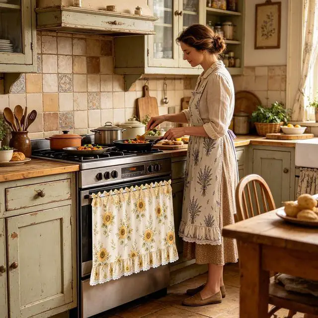 Alt view image 4 of 6 - Farmhouse Oven Skirt Curtain for Kitchen Decor, Cotton Blend Oven Curtain with Lace Ruffle Trim & 8 Ribbon Ties, Rustic Kitchen Stove Door Covers with Floral Print for Home Decor (Sunflower)