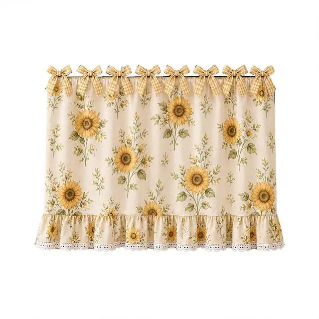 Alt view image 6 of 6 - Farmhouse Oven Skirt Curtain for Kitchen Decor, Cotton Blend Oven Curtain with Lace Ruffle Trim & 8 Ribbon Ties, Rustic Kitchen Stove Door Covers with Floral Print for Home Decor (Sunflower)