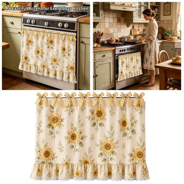 Alt view image 5 of 6 - Farmhouse Oven Skirt Curtain for Kitchen Decor, Cotton Blend Oven Curtain with Lace Ruffle Trim & 8 Ribbon Ties, Rustic Kitchen Stove Door Covers with Floral Print for Home Decor (Sunflower)