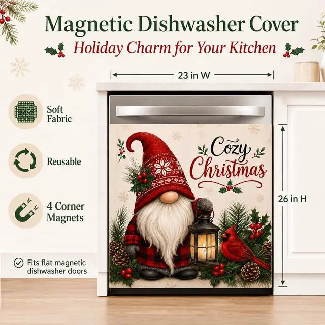 Alt view image 6 of 7 - Christmas Dishwasher Magnet Cover, Gnome Cardinal Decor, 23 x 26 Inch | Magnetic Dishwasher Cover Panel, Soft Fabric, Stitched Edges, 4 Corner Magnets, Removable and Reusable on Flat Metal Surfaces