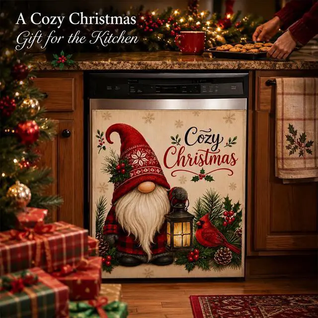 Alt view image 5 of 7 - Christmas Dishwasher Magnet Cover, Gnome Cardinal Decor, 23 x 26 Inch | Magnetic Dishwasher Cover Panel, Soft Fabric, Stitched Edges, 4 Corner Magnets, Removable and Reusable on Flat Metal Surfaces