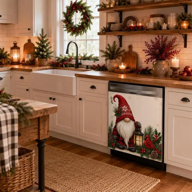 Alt view image 7 of 7 - Christmas Dishwasher Magnet Cover, Gnome Cardinal Decor, 23 x 26 Inch | Magnetic Dishwasher Cover Panel, Soft Fabric, Stitched Edges, 4 Corner Magnets, Removable and Reusable on Flat Metal Surfaces