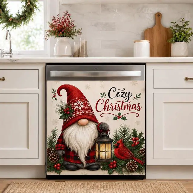 Main image of Christmas Dishwasher Magnet Cover, Gnome Cardinal Decor, 23 x 26 Inch | Magnetic Dishwasher Cover Panel, Soft Fabric, Stitched Edges, 4 Corner Magnets, Removable and Reusable on Flat Metal Surfaces