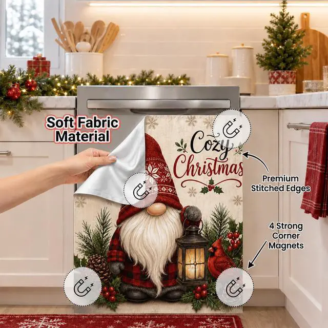 Alt view image 3 of 7 - Christmas Dishwasher Magnet Cover, Gnome Cardinal Decor, 23 x 26 Inch | Magnetic Dishwasher Cover Panel, Soft Fabric, Stitched Edges, 4 Corner Magnets, Removable and Reusable on Flat Metal Surfaces