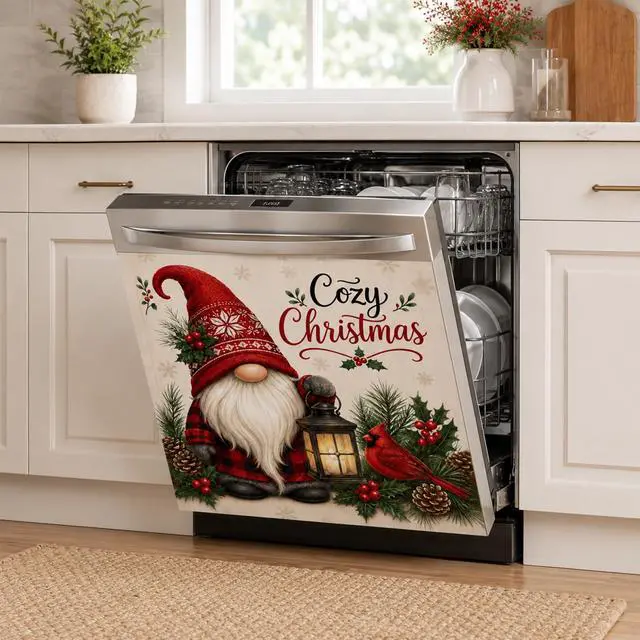 Alt view image 2 of 7 - Christmas Dishwasher Magnet Cover, Gnome Cardinal Decor, 23 x 26 Inch | Magnetic Dishwasher Cover Panel, Soft Fabric, Stitched Edges, 4 Corner Magnets, Removable and Reusable on Flat Metal Surfaces