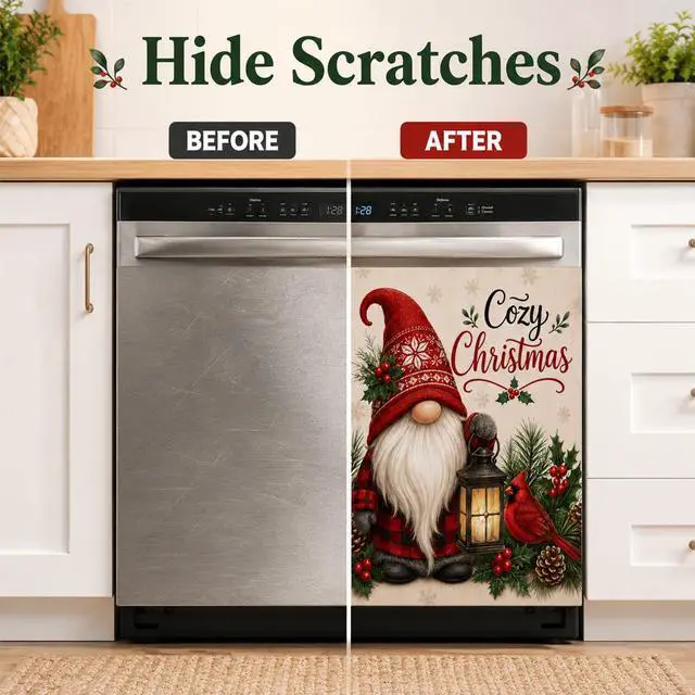 Alt view image 4 of 7 - Christmas Dishwasher Magnet Cover, Gnome Cardinal Decor, 23 x 26 Inch | Magnetic Dishwasher Cover Panel, Soft Fabric, Stitched Edges, 4 Corner Magnets, Removable and Reusable on Flat Metal Surfaces