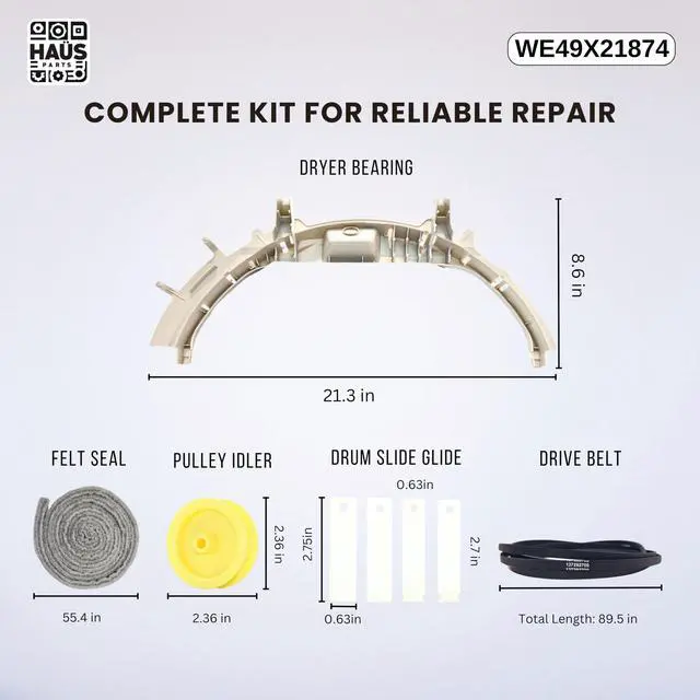 Alt view image 2 of 6 - WE49X21874 Dryer Bearing Kit Compatible with GE - Includes WE14M124 Drum Bearing, WE12M29 2X Drive Belt, WE9M30 Felt Seal, WE1M1067 & WE1M504 Glide Slides, WE12X83 Dryer Idler Pulley