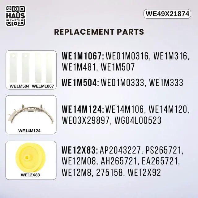 Alt view image 4 of 6 - WE49X21874 Dryer Bearing Kit Compatible with GE - Includes WE14M124 Drum Bearing, WE12M29 2X Drive Belt, WE9M30 Felt Seal, WE1M1067 & WE1M504 Glide Slides, WE12X83 Dryer Idler Pulley