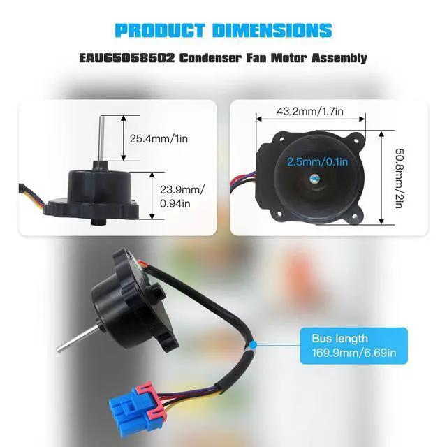 Alt view image 3 of 5 - EAU65058502 Condenser Fan Motor Assembly Fit for LG Refrigerators LRSXS2706S LMXS28626S LRMDS3006S LRSXS2706V LRFDC2406D LRMVC2306S LRSXS2706W - Replaces for EAU65058501, EAU63103302