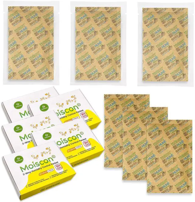 Main image of 62% Two-Way Humidity Control Packs, 67 Gram 25 Pack for Storing 1 lb, Size 67 Moisture Control Packets Individually Wrapped, Humidifier Packs for Storage Containers