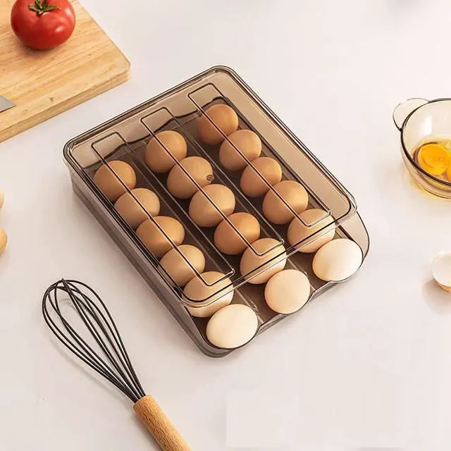 Alt view image 2 of 7 - Stackable Acrylic Gravity Egg Tray Holder for Fridge - Food-Safe PET Refrigerator Storage Bin for Eggs (Brown, Single Tray)