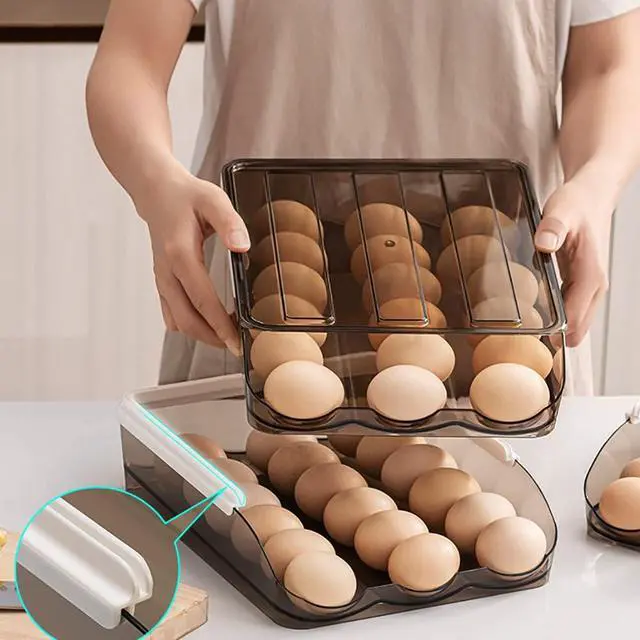 Alt view image 6 of 7 - Stackable Acrylic Gravity Egg Tray Holder for Fridge - Food-Safe PET Refrigerator Storage Bin for Eggs (Brown, Single Tray)