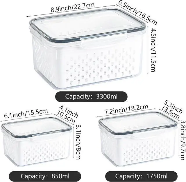 Alt view image 3 of 7 - 3 Pack Fruit Storage Containers for Fridge with Removable Colanders | Food Storage Containers with Lids, BPA-Free Produce Containers Keep Fruits, Vegetables, Berry, Meat Fresh Longer