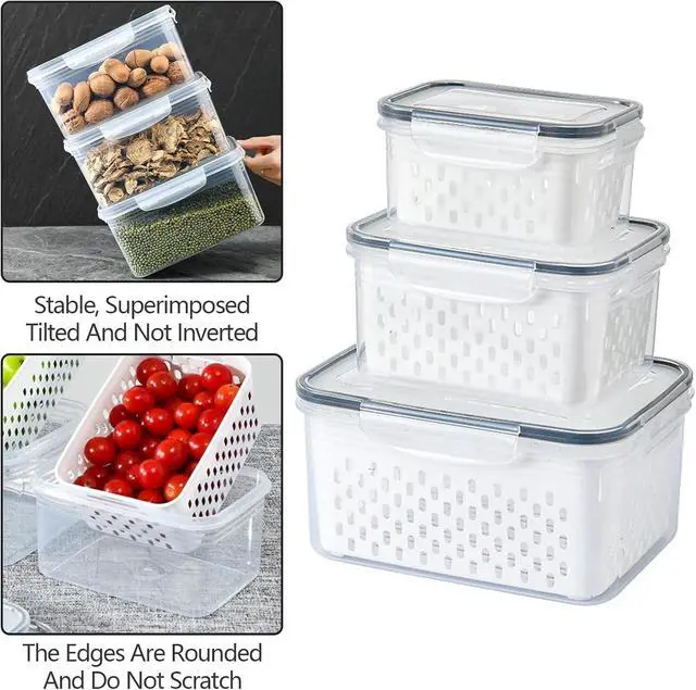 Alt view image 4 of 7 - 3 Pack Fruit Storage Containers for Fridge with Removable Colanders | Food Storage Containers with Lids, BPA-Free Produce Containers Keep Fruits, Vegetables, Berry, Meat Fresh Longer