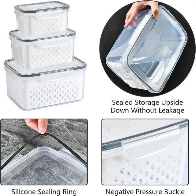 Alt view image 6 of 7 - 3 Pack Fruit Storage Containers for Fridge with Removable Colanders | Food Storage Containers with Lids, BPA-Free Produce Containers Keep Fruits, Vegetables, Berry, Meat Fresh Longer