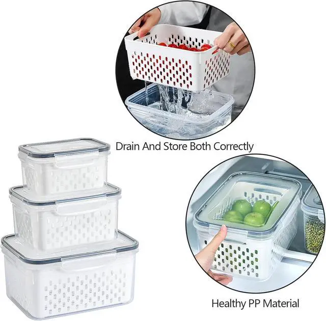 Alt view image 7 of 7 - 3 Pack Fruit Storage Containers for Fridge with Removable Colanders | Food Storage Containers with Lids, BPA-Free Produce Containers Keep Fruits, Vegetables, Berry, Meat Fresh Longer