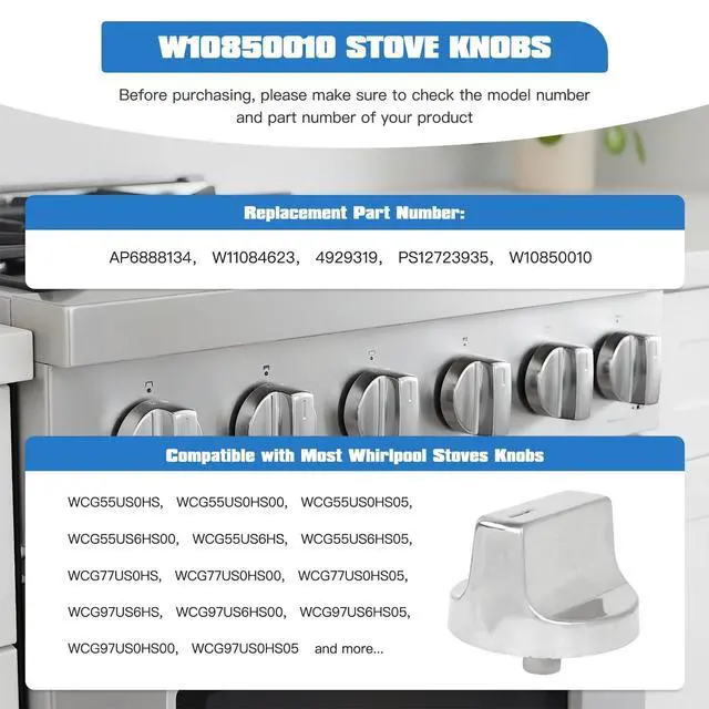 Alt view image 6 of 7 - Stove Control Knob Set W11366438 Fit for Whirlpool, Fit for Maytag, Fit for KitchenAid, Fit for Jenn-Air, Fit for Amana, Fit for Magic Chef - 5 Pack, Easy Push-On Installation