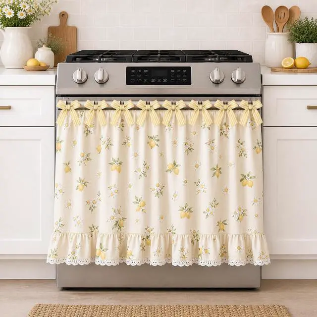Main image of Farmhouse Stove Skirt Oven Curtain for Kitchen Decor, Cotton Blend Stove Curtain with Lace Ruffle Trim & 9 Ribbon Ties, Oven Curtain Cover & Oven Skirt Curtain for Cottage Kitchen (J)