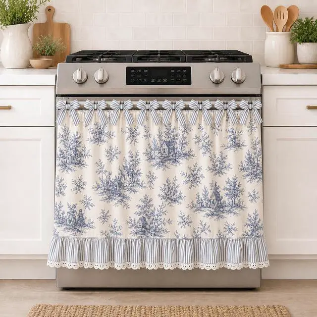 Main image of Farmhouse Stove Skirt Oven Curtain for Kitchen Decor, Cotton Blend Stove Curtain with Lace Ruffle Trim & 9 Ribbon Ties, Oven Curtain Cover & Oven Skirt Curtain for Cottage Kitchen (B)