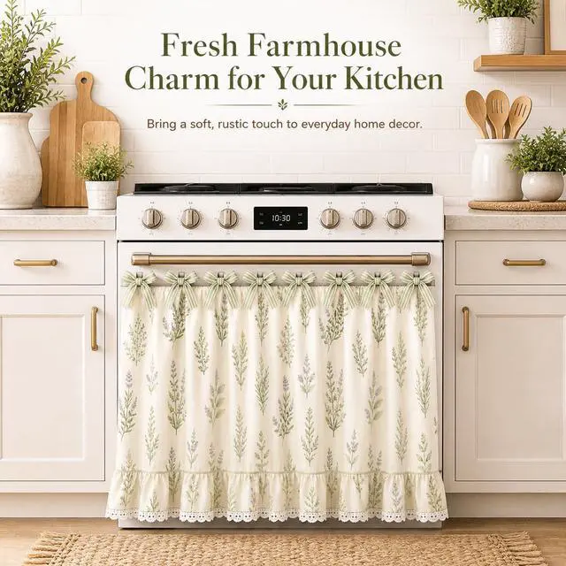 Alt view image 2 of 7 - Farmhouse Stove Skirt Oven Curtain for Kitchen Decor, Cotton Blend Stove Curtain with Lace Ruffle Trim & 9 Ribbon Ties, Oven Curtain Cover & Oven Skirt Curtain for Cottage Kitchen (H)