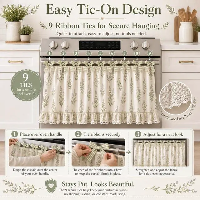 Alt view image 4 of 7 - Farmhouse Stove Skirt Oven Curtain for Kitchen Decor, Cotton Blend Stove Curtain with Lace Ruffle Trim & 9 Ribbon Ties, Oven Curtain Cover & Oven Skirt Curtain for Cottage Kitchen (H)