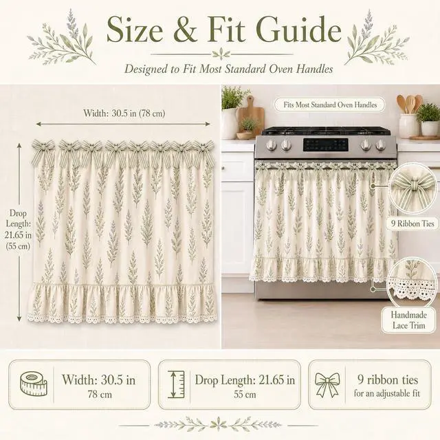 Alt view image 5 of 7 - Farmhouse Stove Skirt Oven Curtain for Kitchen Decor, Cotton Blend Stove Curtain with Lace Ruffle Trim & 9 Ribbon Ties, Oven Curtain Cover & Oven Skirt Curtain for Cottage Kitchen (H)