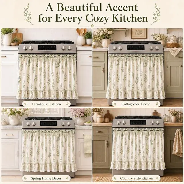 Alt view image 6 of 7 - Farmhouse Stove Skirt Oven Curtain for Kitchen Decor, Cotton Blend Stove Curtain with Lace Ruffle Trim & 9 Ribbon Ties, Oven Curtain Cover & Oven Skirt Curtain for Cottage Kitchen (H)