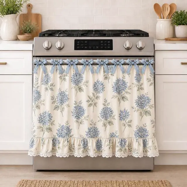 Main image of Farmhouse Stove Skirt Oven Curtain for Kitchen Decor, Cotton Blend Stove Curtain with Lace Ruffle Trim & 9 Ribbon Ties, Oven Curtain Cover & Oven Skirt Curtain for Cottage Kitchen (A)