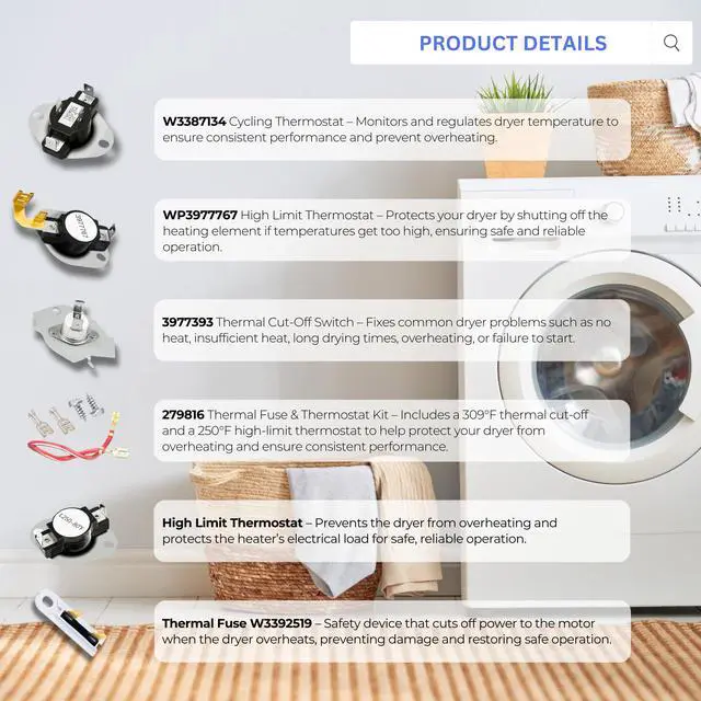 Alt view image 4 of 7 - 279838 Dryer Heating Element Kit Compatible with Whirlpool, Maytag, Kenmore Dryers Fits GEW, WED, MED, YGE, KEY Series Models with Thermostat and Thermal Fuse