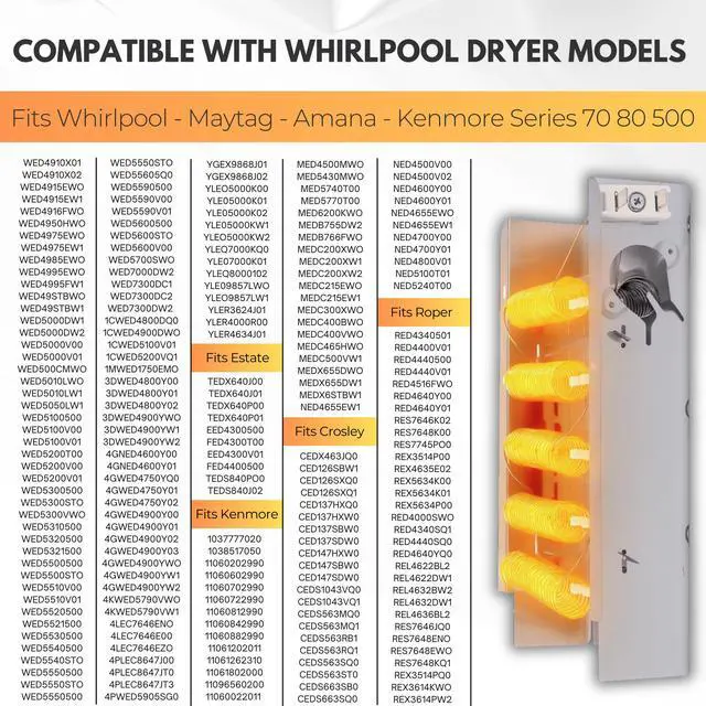 Alt view image 6 of 7 - 279838 Dryer Heating Element Kit Compatible with Whirlpool, Maytag, Kenmore Dryers Fits GEW, WED, MED, YGE, KEY Series Models with Thermostat and Thermal Fuse