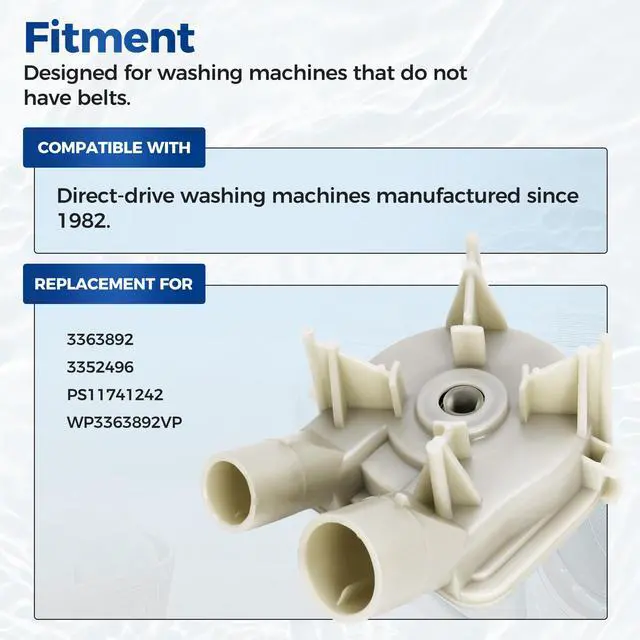 Alt view image 2 of 7 - 3363394 Washer Drain Pump Compatible with Direct-Drive Washing Machines Whirlpool, Kenmore, KitchenAid Plastic Replacement for 3363892 3352496 PS11741242 WP3363892VP
