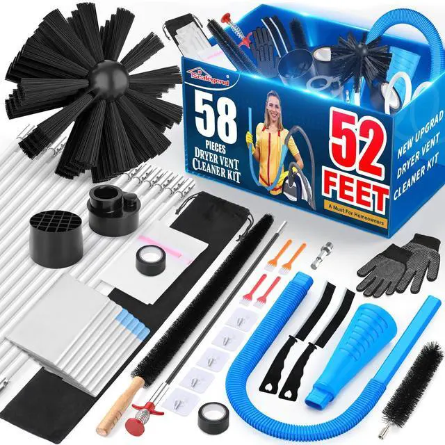 Main image of 58-Piece 52-Feet Dryer Vent Cleaner Kit, Dryer Cleaning Tools | Omnidirectional Blue Dryer Lint Vacuum Attachment & Lint Trap Brush Clean Hard-to-Reach Areas, Remove Hidden Lint