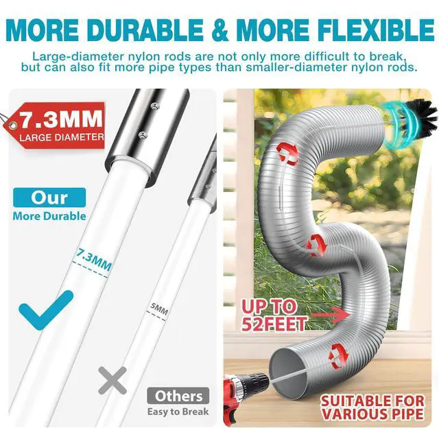Alt view image 2 of 7 - 58-Piece 52-Feet Dryer Vent Cleaner Kit, Dryer Cleaning Tools | Omnidirectional Blue Dryer Lint Vacuum Attachment & Lint Trap Brush Clean Hard-to-Reach Areas, Remove Hidden Lint