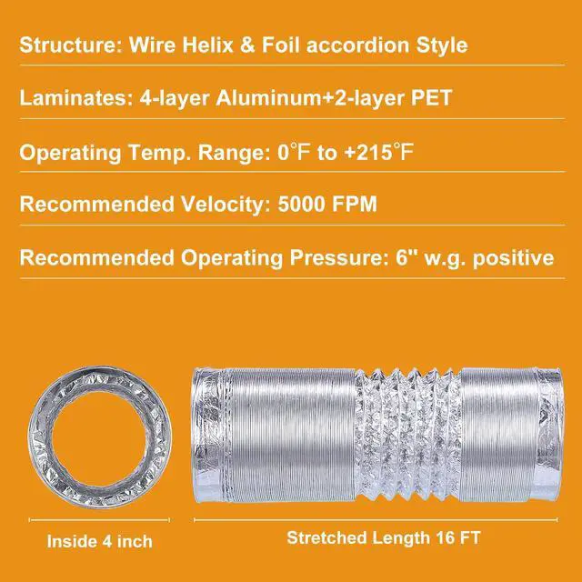 Alt view image 3 of 5 - Heavy Duty 4"Flexible Dryer Vent Exhaust Duct Hose 16 Feet | Tool-Free, Extra Thick Aluminum Foil HVAC Ducting Kit with 2 Key Hose Clamps