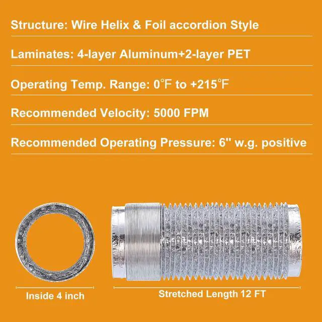 Alt view image 3 of 6 - Heavy Duty 4"Flexible Dryer Vent Exhaust Duct Hose 12 Feet | Tool-Free, Extra Thick Aluminum Foil HVAC Ducting Kit with 2 Key Hose Clamps